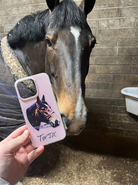 Twix beside a personalised phone case featuring a horse portrait and the name Twix