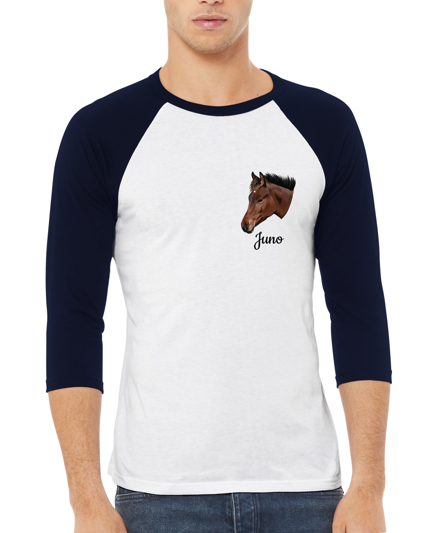 Hand Drawn Horse || Unisex 3/4 sleeve Raglan T-shirt - TruPaint - Hand Drawn & Personalized; Hand drawn & personalized with your horse