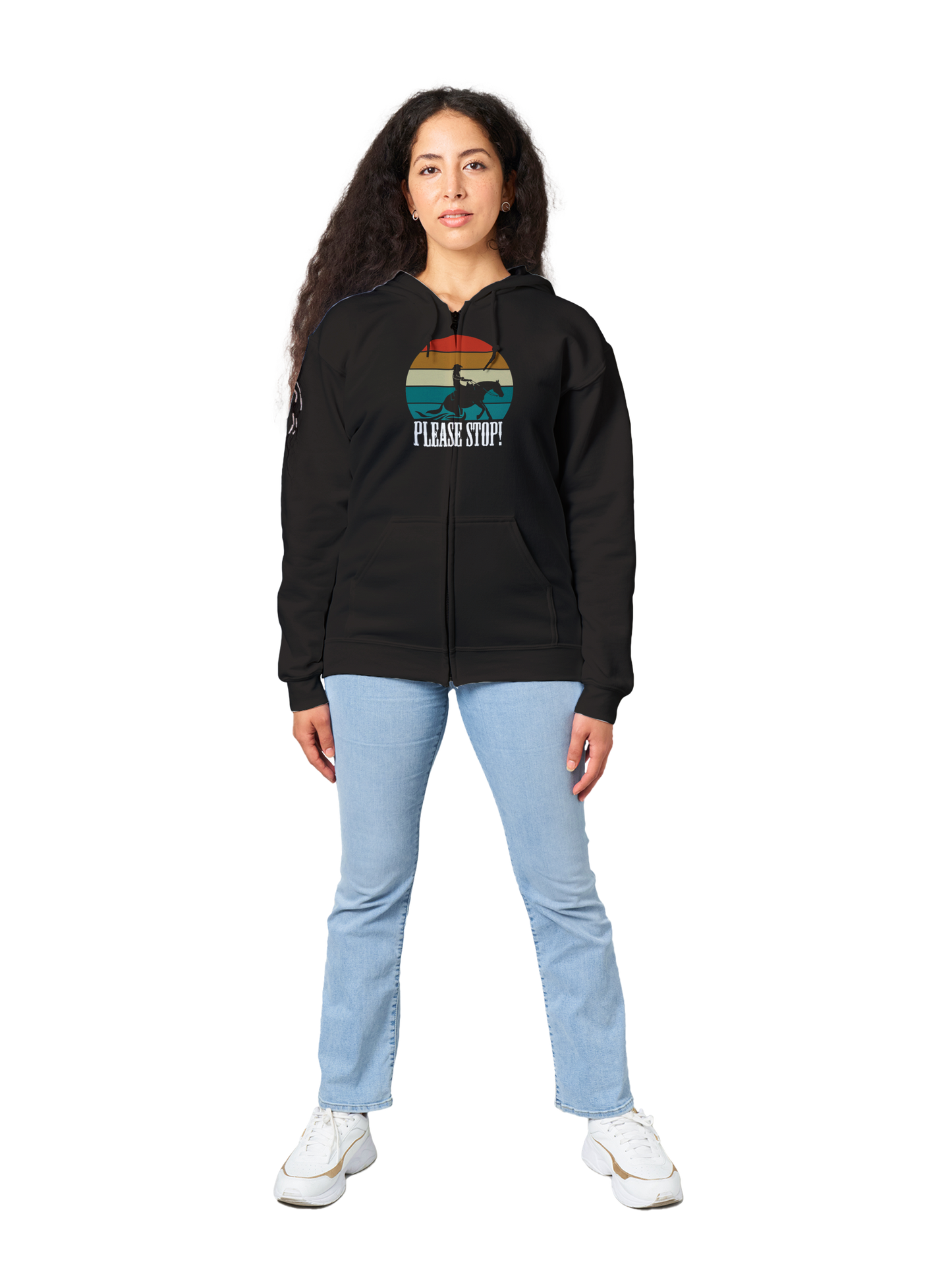 Hand Drawn Horse || Unisex Zip Hoodie - Design: "STOP"; Static Design; Personalizable Back Text