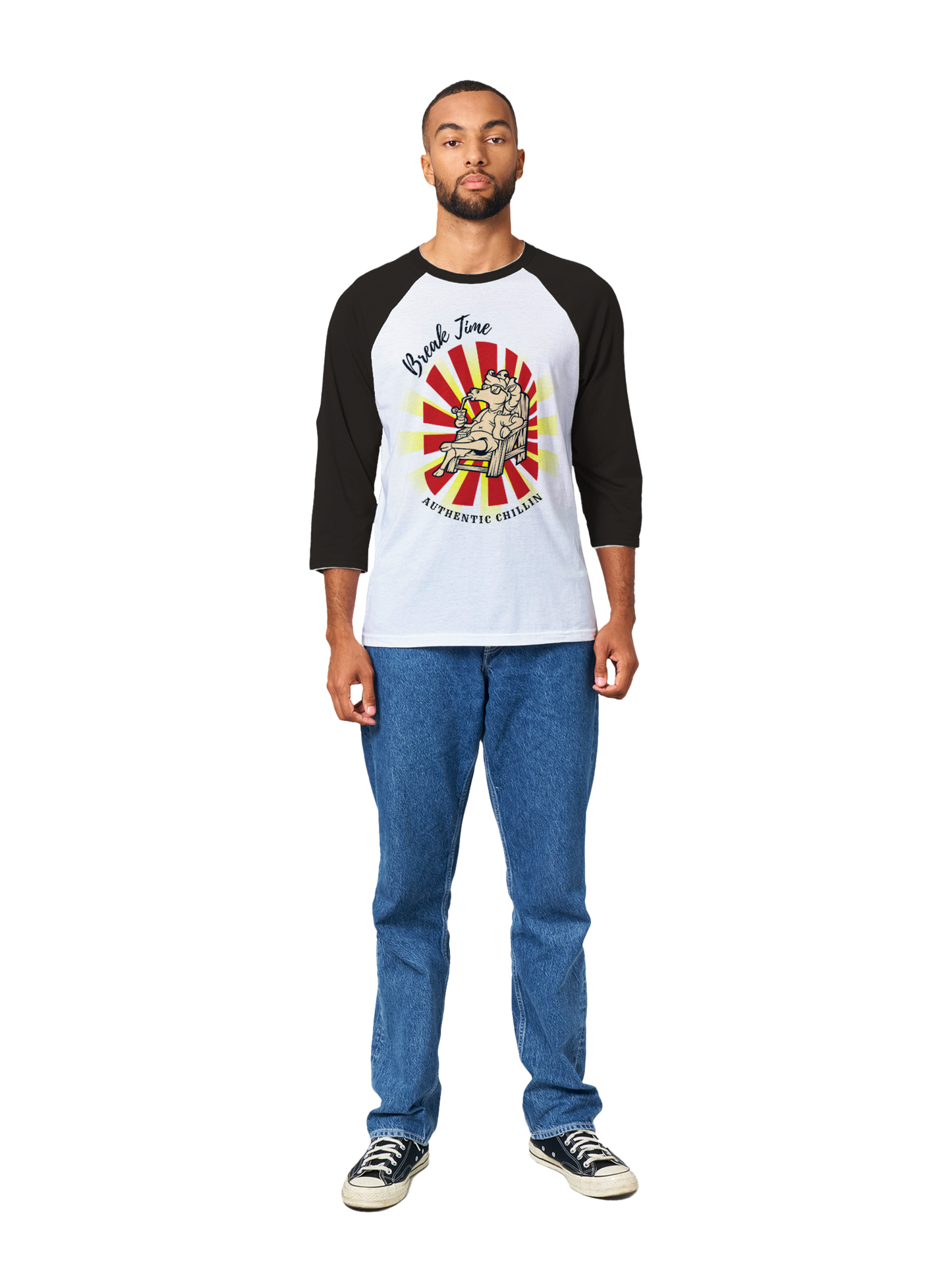 Hand Drawn Horse || Unisex 3/4 sleeve Raglan T-shirt - Design: "BREAK TIME"; Static Design; Personalizable Back Text