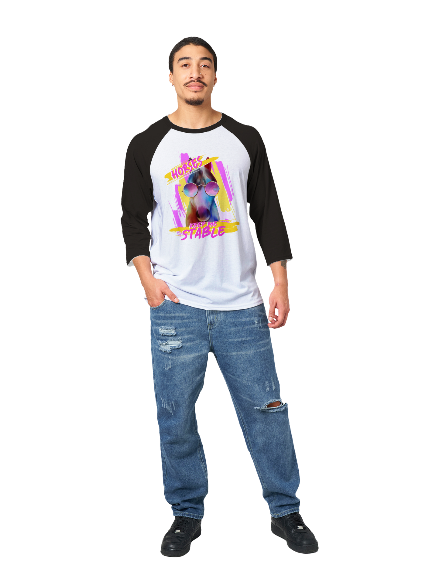 Hand Drawn Horse || Unisex 3/4 sleeve Raglan T-shirt - Design: "STABLE"; Static Design; Personalizable Back Text