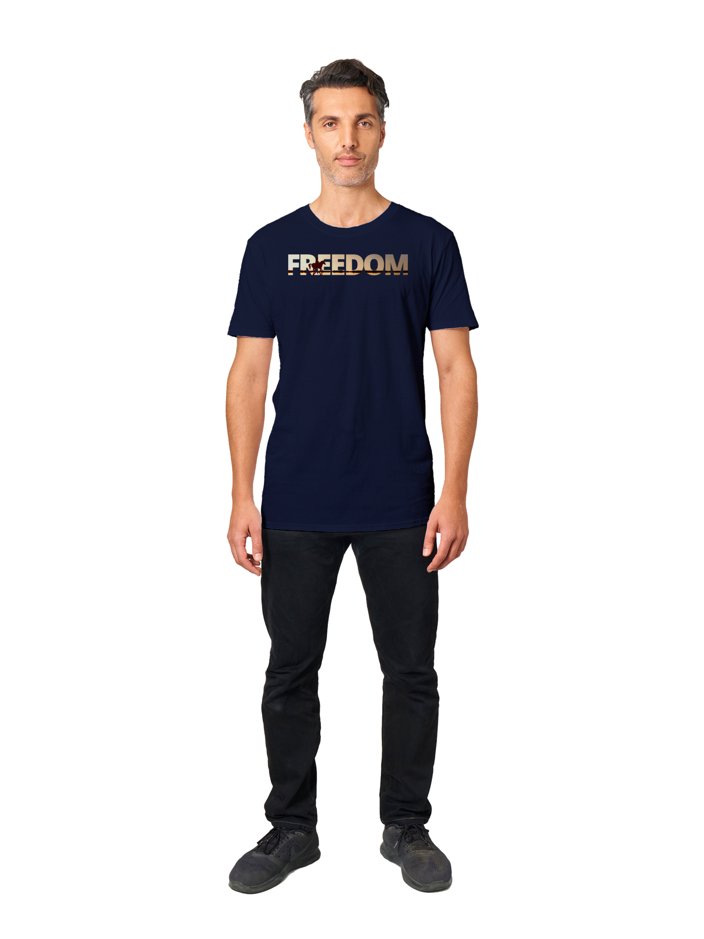 Hand Drawn Horse || Unisex T-shirt - Design: "FREEDOM"; Static Design; Personalizable Back Text