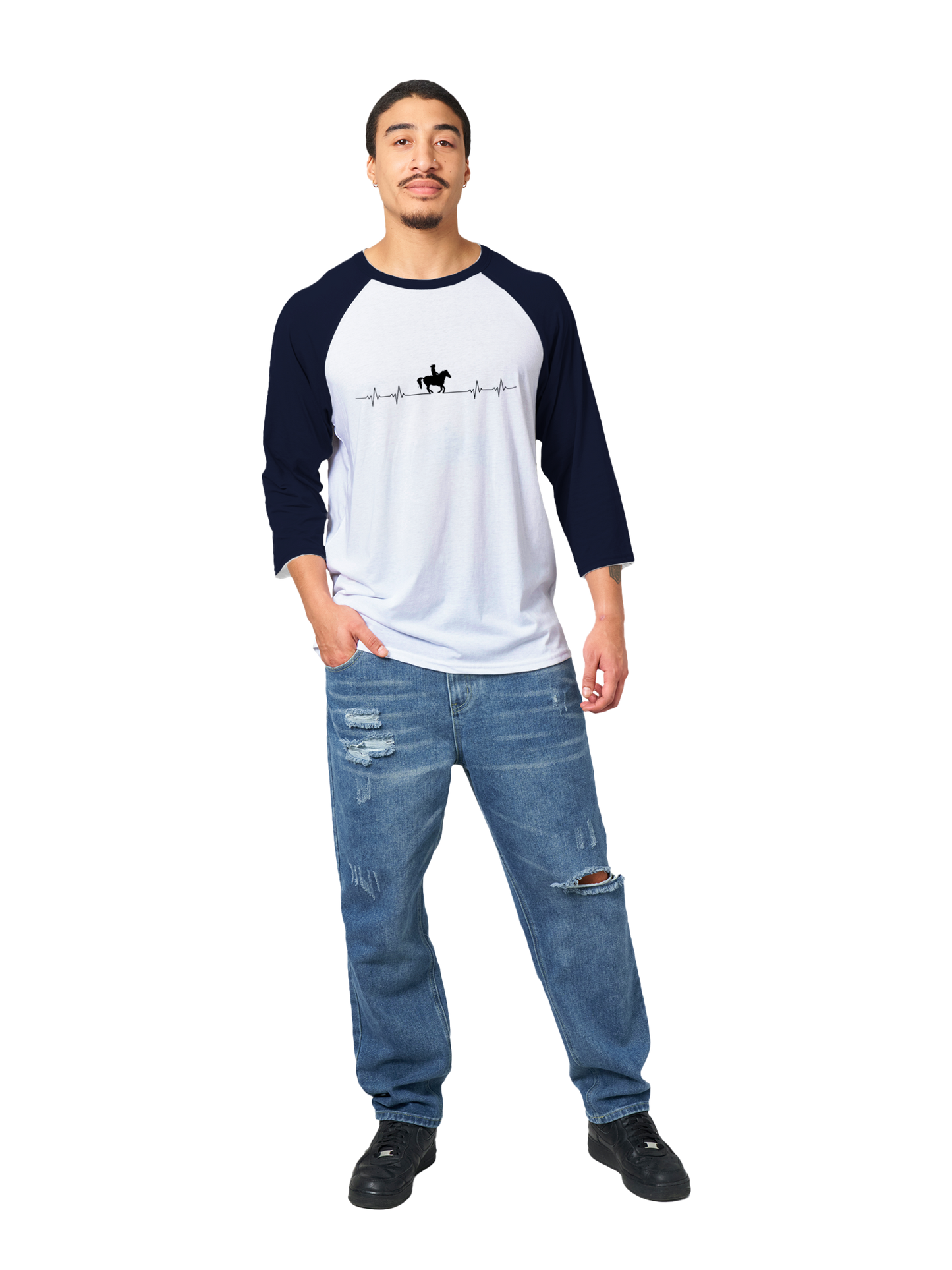 Hand Drawn Horse || Unisex 3/4 sleeve Raglan T-shirt - Design: "HEARTBEAT"; Static Design; Personalizable Back Text