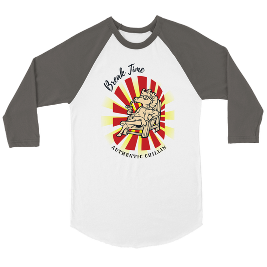 Hand Drawn Horse || Unisex 3/4 sleeve Raglan T-shirt - Design: "BREAK TIME"; Static Design; Personalizable Back Text