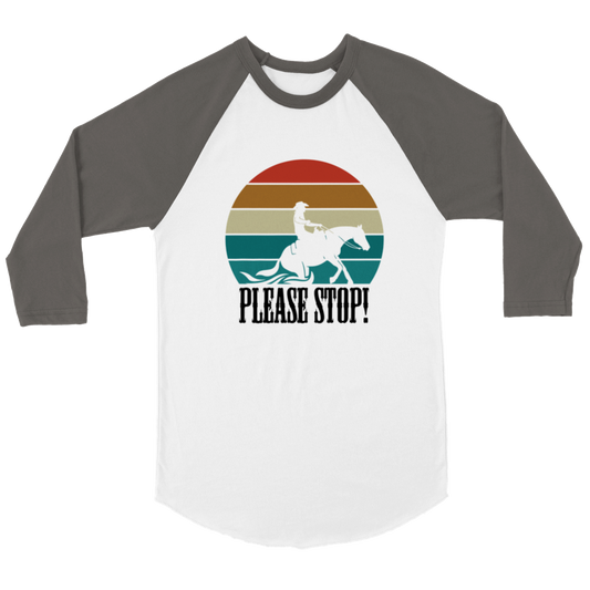 Hand Drawn Horse || Unisex 3/4 sleeve Raglan T-shirt - Design: "STOP"; Static Design; Personalizable Back Text