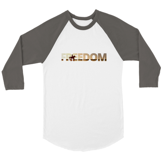 Hand Drawn Horse || Unisex 3/4 sleeve Raglan T-shirt - Design: "FREEDOM"; Static Design; Personalizable Back Text