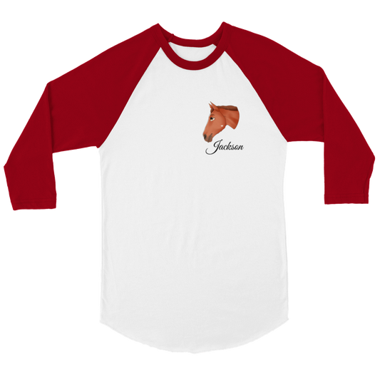 Hand Drawn Horse || Unisex 3/4 sleeve Raglan T-shirt - Fairytale Cartoon - Hand Drawn & Personalized; Hand drawn & personalized with your horse