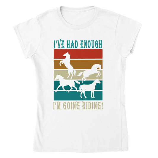 Hand Drawn Horse || Women's Crewneck T-shirt - Design: "Going Riding"; Static Design; Personalizable Back Text