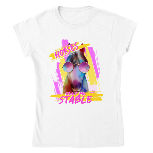 Hand Drawn Horse || Women's Crewneck T-shirt - Design: "STABLE"; Static Design; Personalizable Back Text