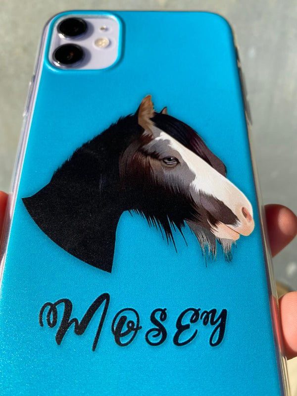 Close-up of Mosey's portrait and name printed on a blue phone case
