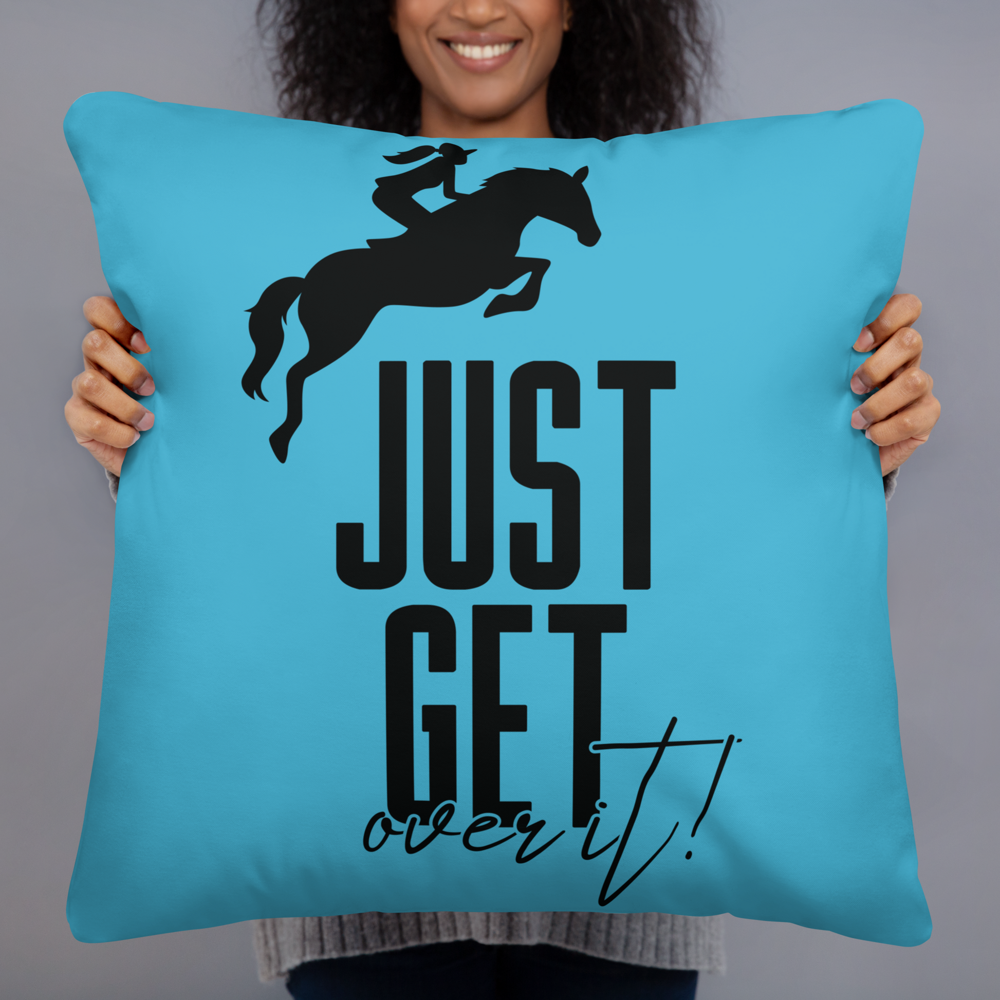 Hand Drawn Horse || Horse Square Throw Pillow - Design: "Get Over It"; Static Design; Personalizable Text