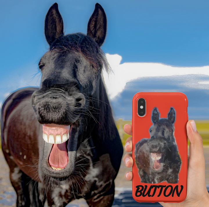 Black horse beside a red phone case with an Oil Painting portrait and the name Button