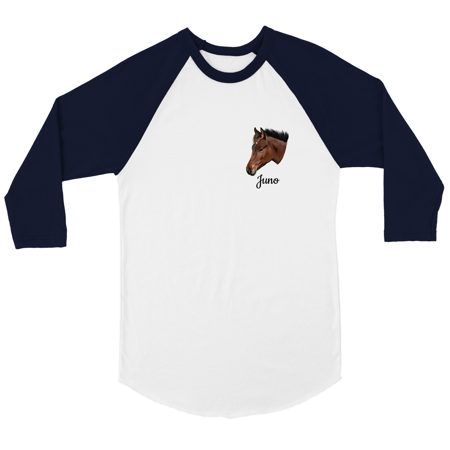Hand Drawn Horse || Unisex 3/4 sleeve Raglan T-shirt - TruPaint - Hand Drawn & Personalized; Hand drawn & personalized with your horse