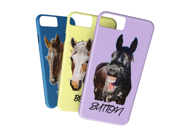 Three personalised horse phone cases in blue, yellow and purple with Comic Book portraits