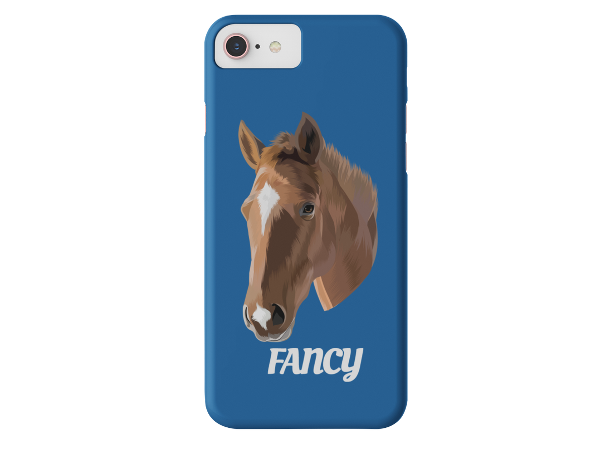 Blue phone case with a TruPaint horse portrait and the name Fancy