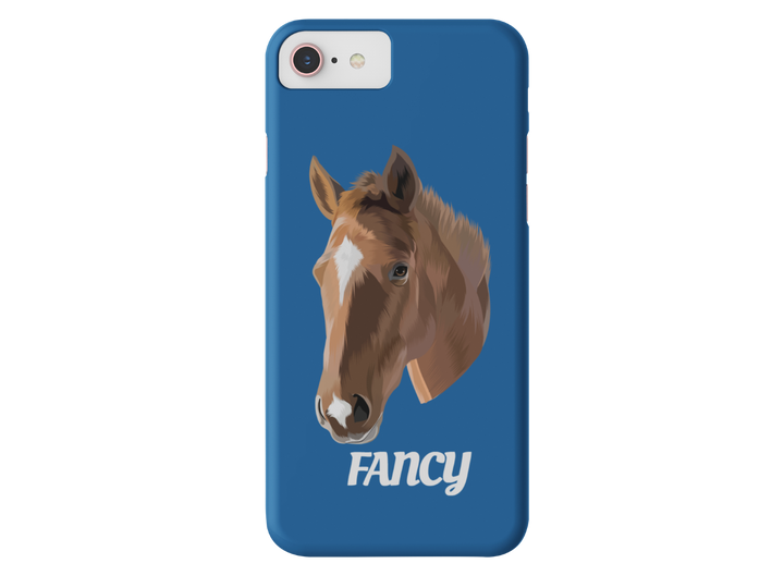Blue phone case with a TruPaint horse portrait and the name Fancy