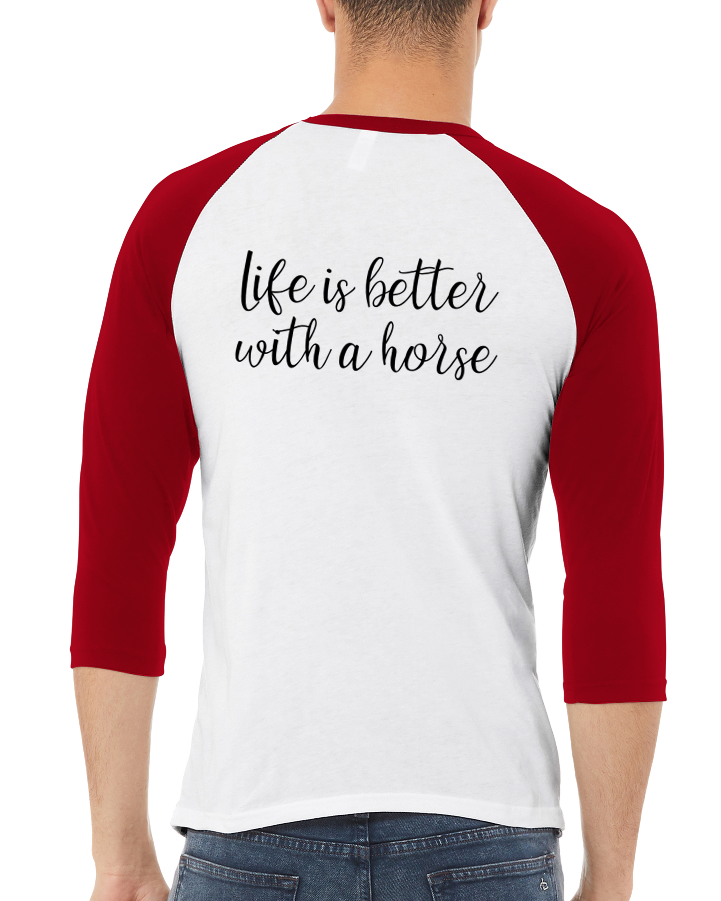 Hand Drawn Horse || Unisex 3/4 sleeve Raglan T-shirt - Design: "STOP"; Static Design; Personalizable Back Text
