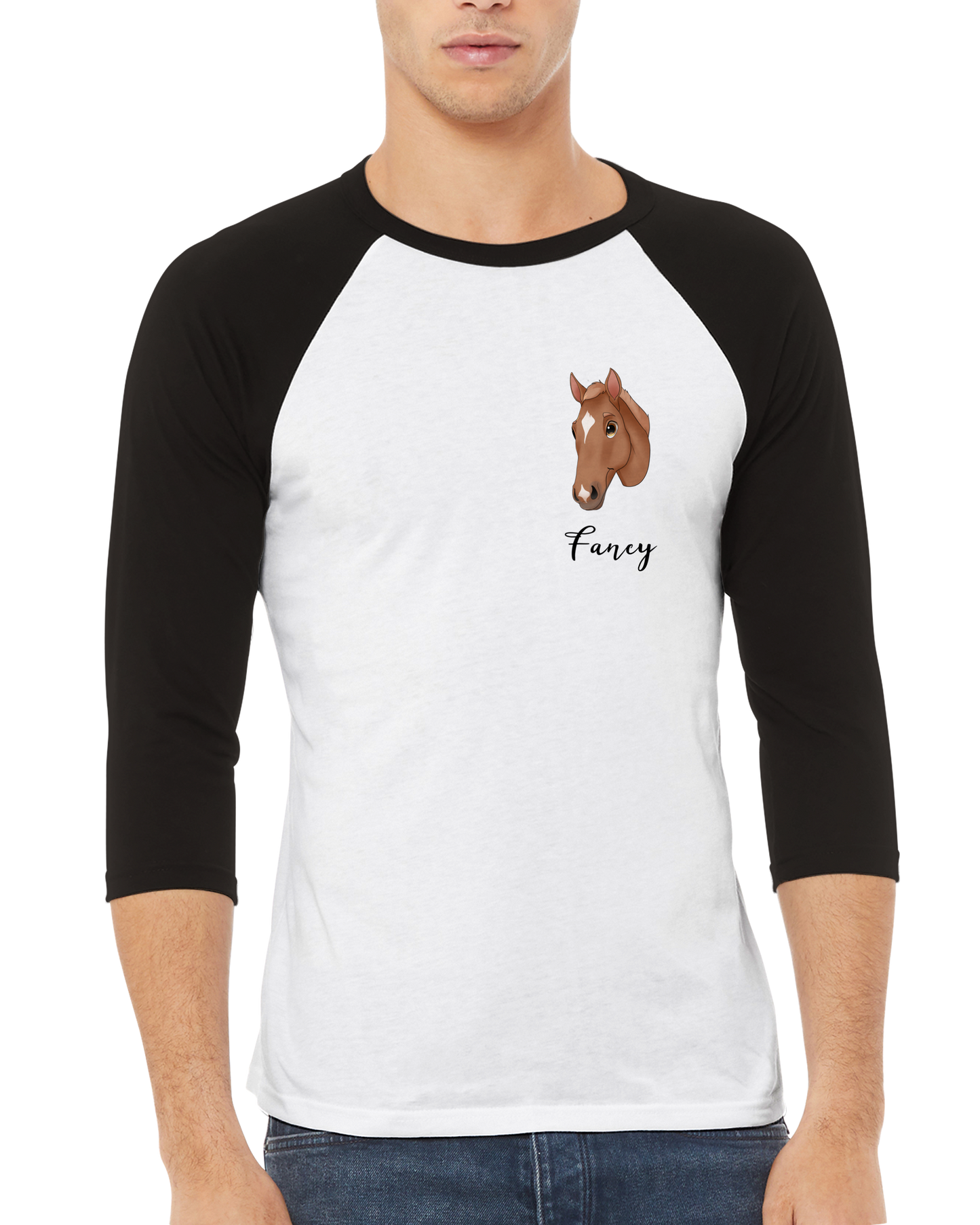 Hand Drawn Horse || Unisex 3/4 sleeve Raglan T-shirt - Fairytale Cartoon - Hand Drawn & Personalized; Hand drawn & personalized with your horse