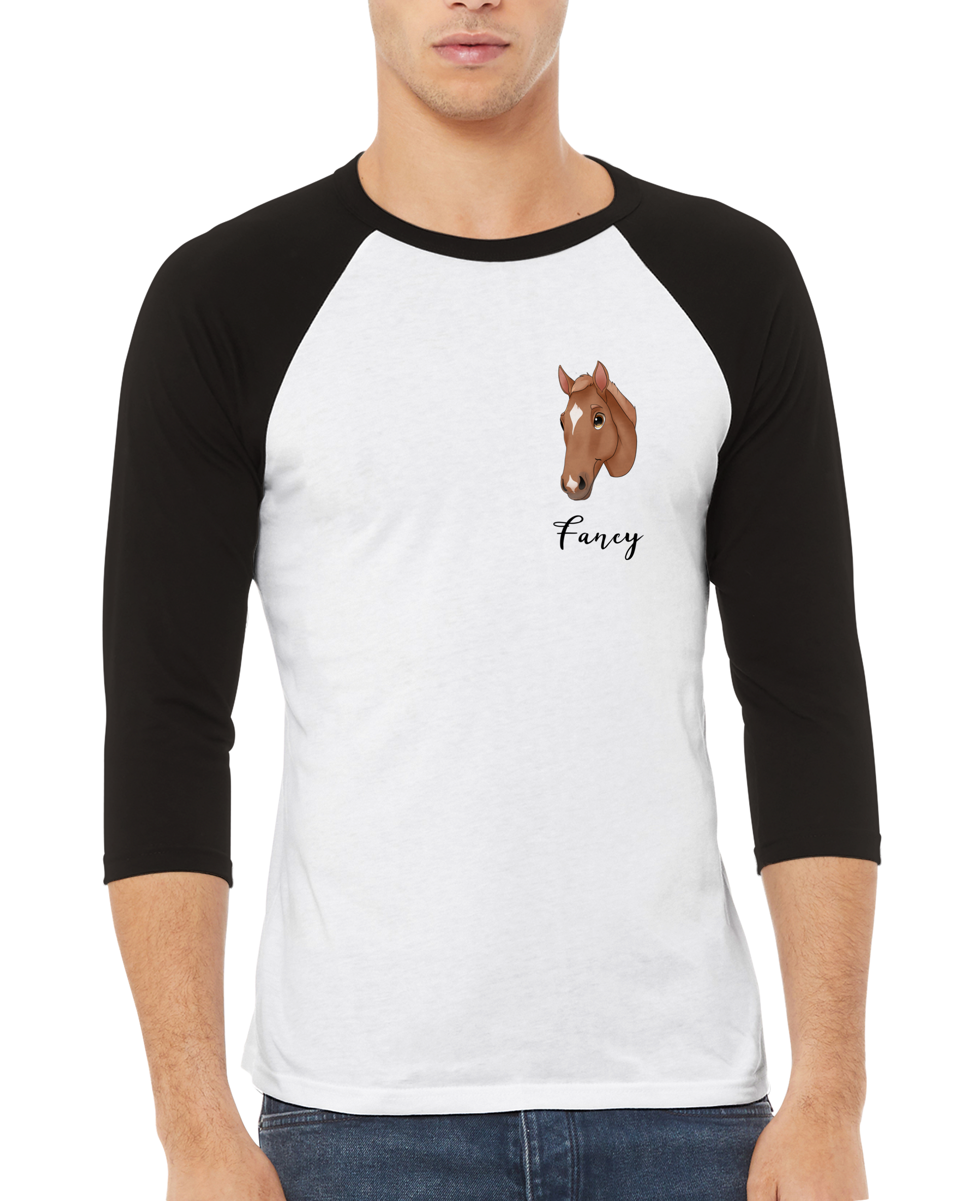 Hand Drawn Horse || Unisex 3/4 sleeve Raglan T-shirt - Fairytale Cartoon - Hand Drawn & Personalized; Hand drawn & personalized with your horse