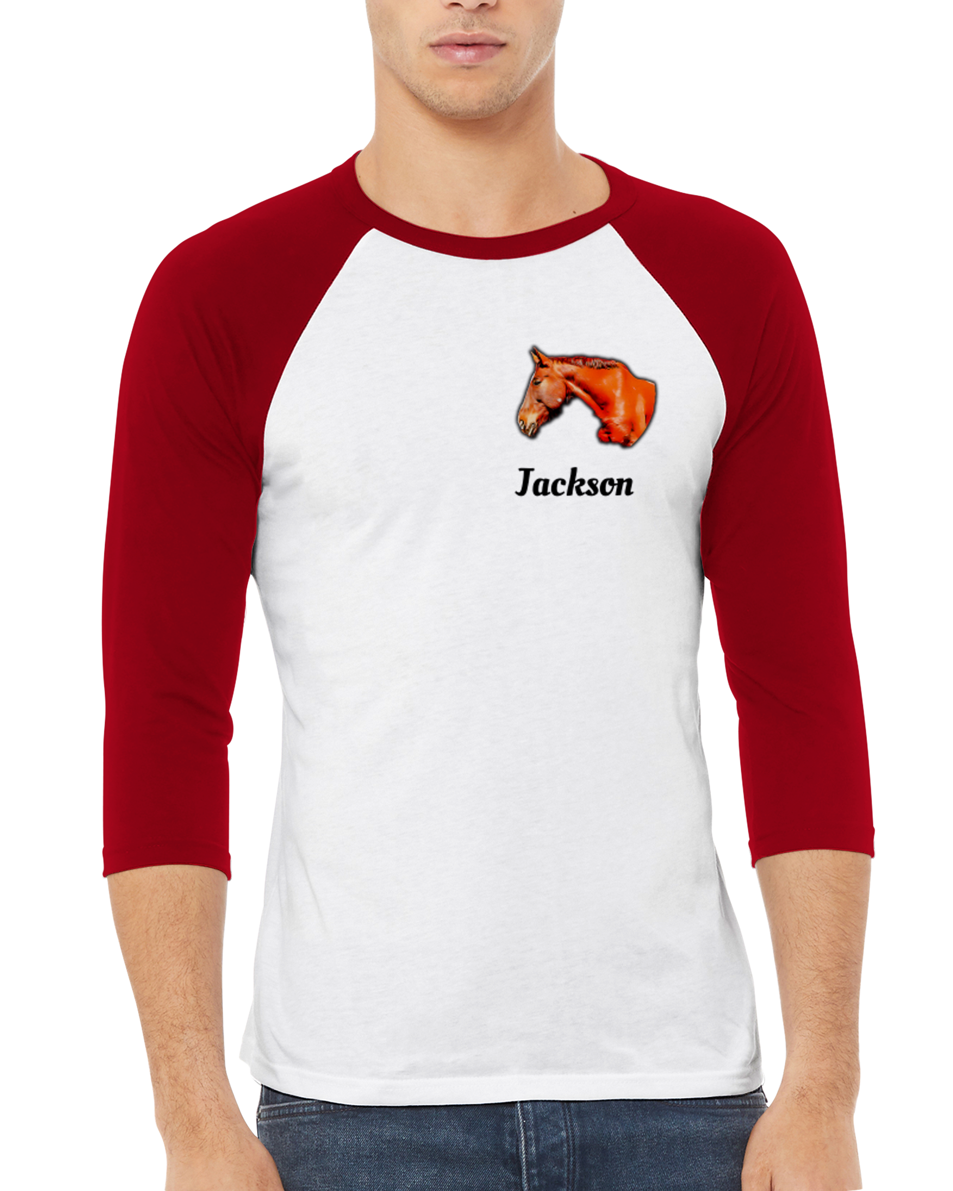 Hand Drawn Horse || Unisex 3/4 sleeve Raglan T-shirt - Comic - Personalized; Personalized with your horse