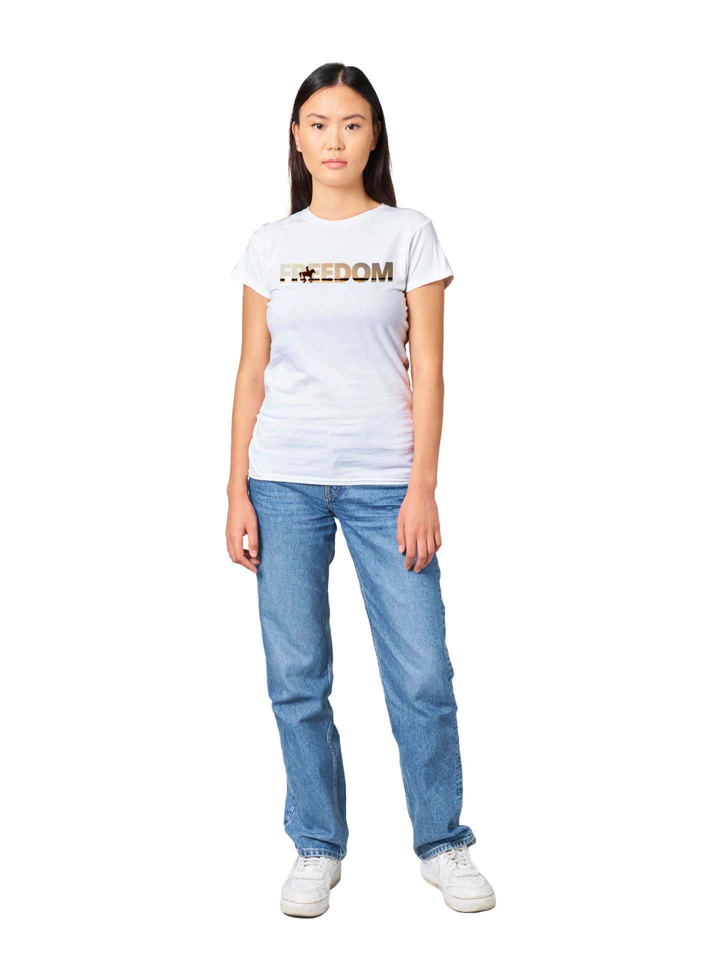 Hand Drawn Horse || Women's Crewneck T-shirt - Design: "FREEDOM"; Static Design; Personalizable Back Text