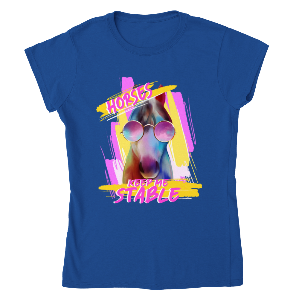 Hand Drawn Horse || Women's Crewneck T-shirt - Design: "STABLE"; Static Design; Personalizable Back Text