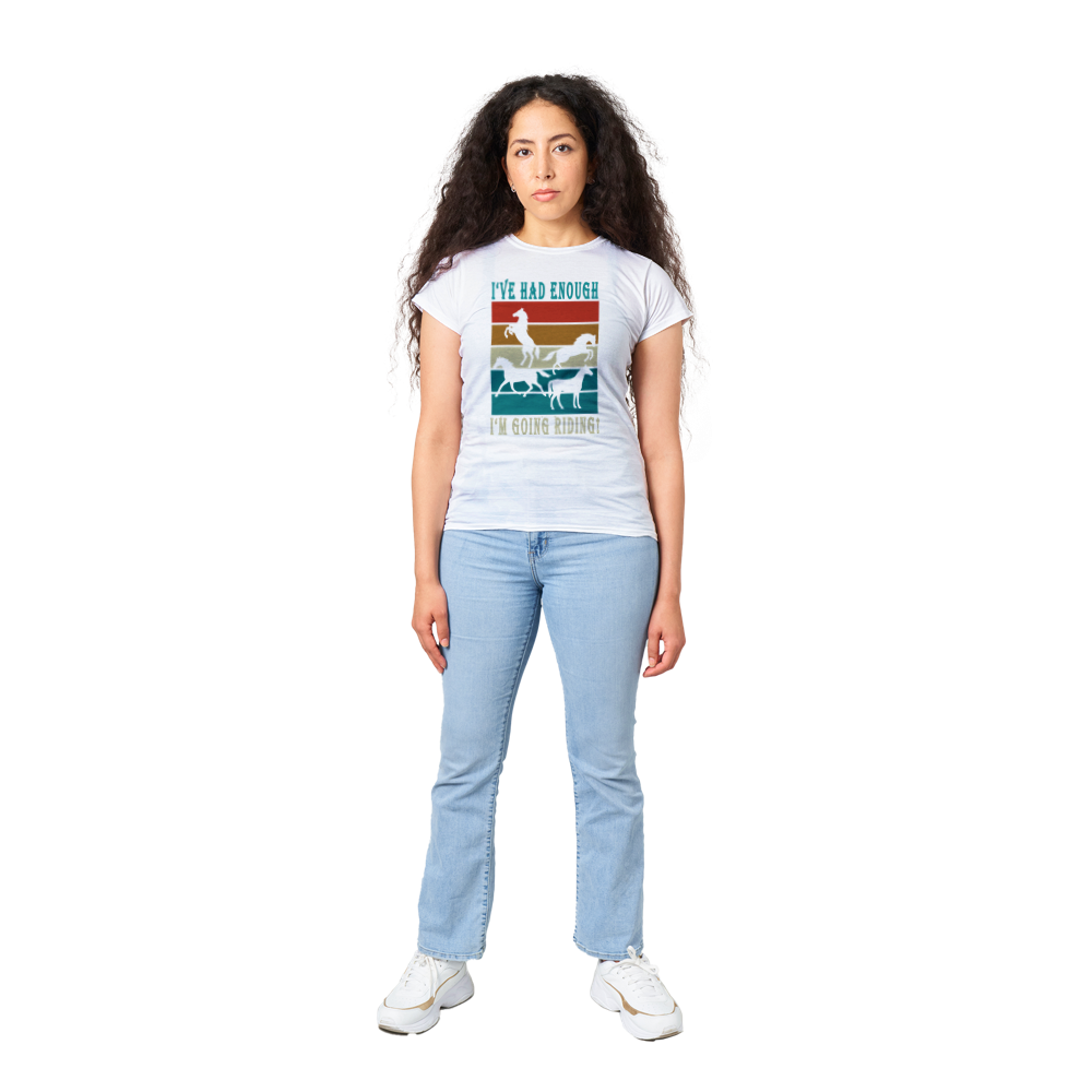 Hand Drawn Horse || Women's Crewneck T-shirt - Design: "Going Riding"; Static Design; Personalizable Back Text