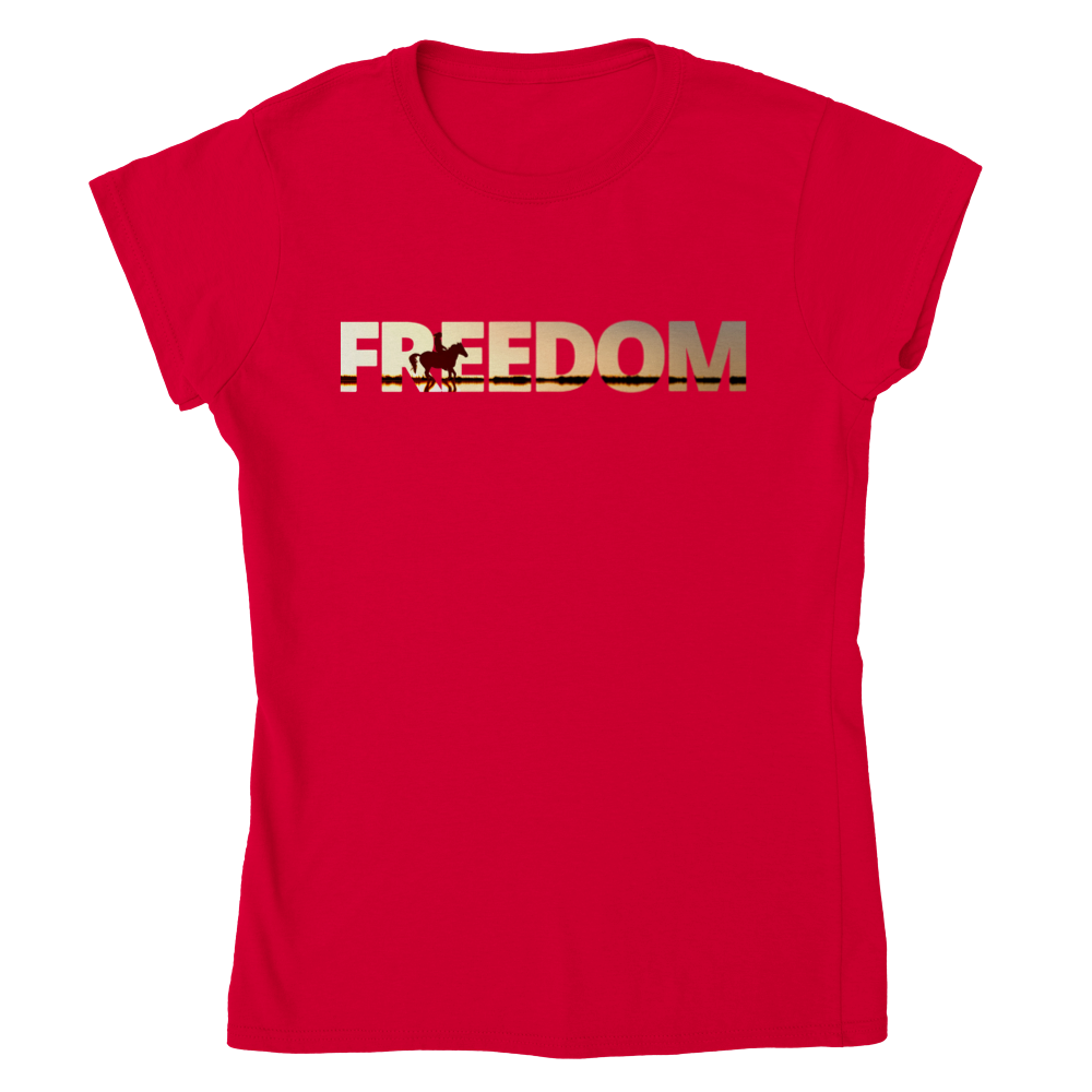 Hand Drawn Horse || Women's Crewneck T-shirt - Design: "FREEDOM"; Static Design; Personalizable Back Text