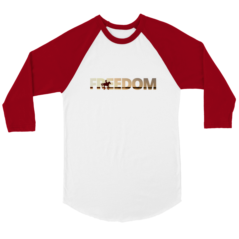 Hand Drawn Horse || Unisex 3/4 sleeve Raglan T-shirt - Design: "FREEDOM"; Static Design; Personalizable Back Text