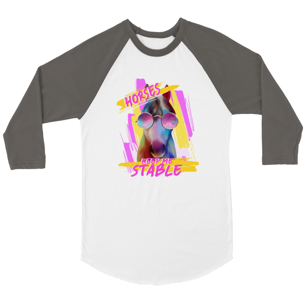 Hand Drawn Horse || Unisex 3/4 sleeve Raglan T-shirt - Design: "STABLE"; Static Design; Personalizable Back Text