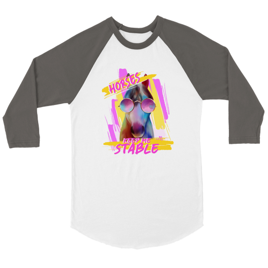 Hand Drawn Horse || Unisex 3/4 sleeve Raglan T-shirt - Design: "STABLE"; Static Design; Personalizable Back Text