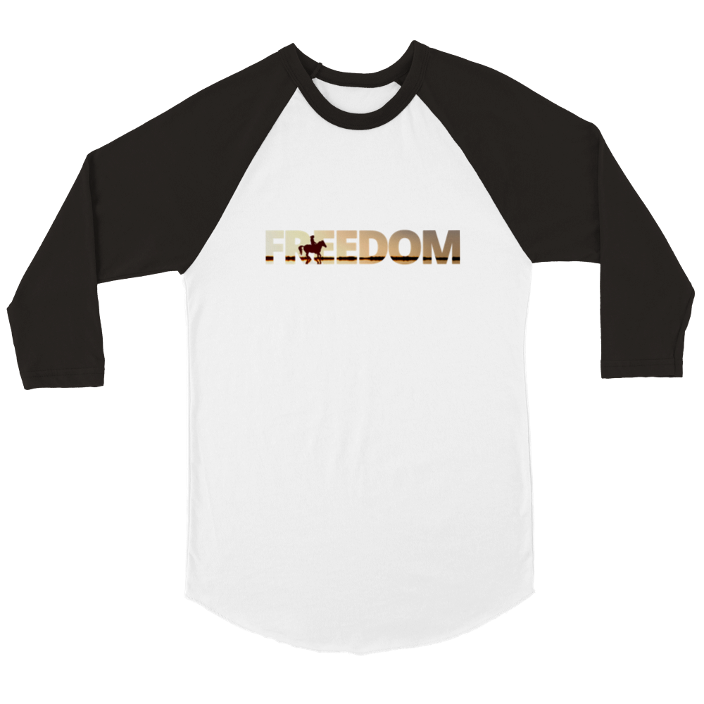 Hand Drawn Horse || Unisex 3/4 sleeve Raglan T-shirt - Design: "FREEDOM"; Static Design; Personalizable Back Text