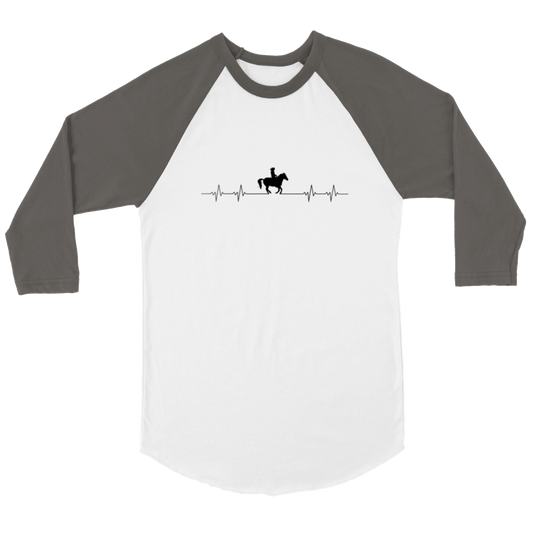 Hand Drawn Horse || Unisex 3/4 sleeve Raglan T-shirt - Design: "HEARTBEAT"; Static Design; Personalizable Back Text