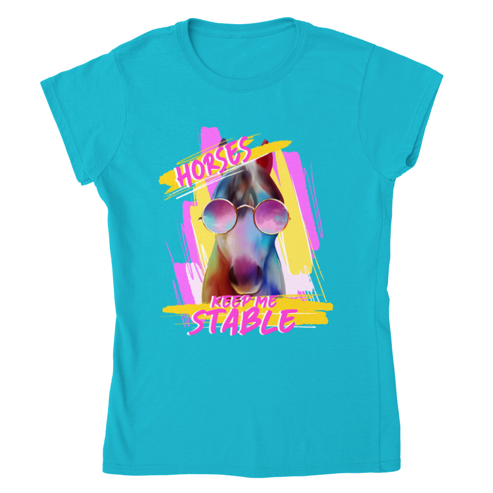 Hand Drawn Horse || Women's Crewneck T-shirt - Design: "STABLE"; Static Design; Personalizable Back Text
