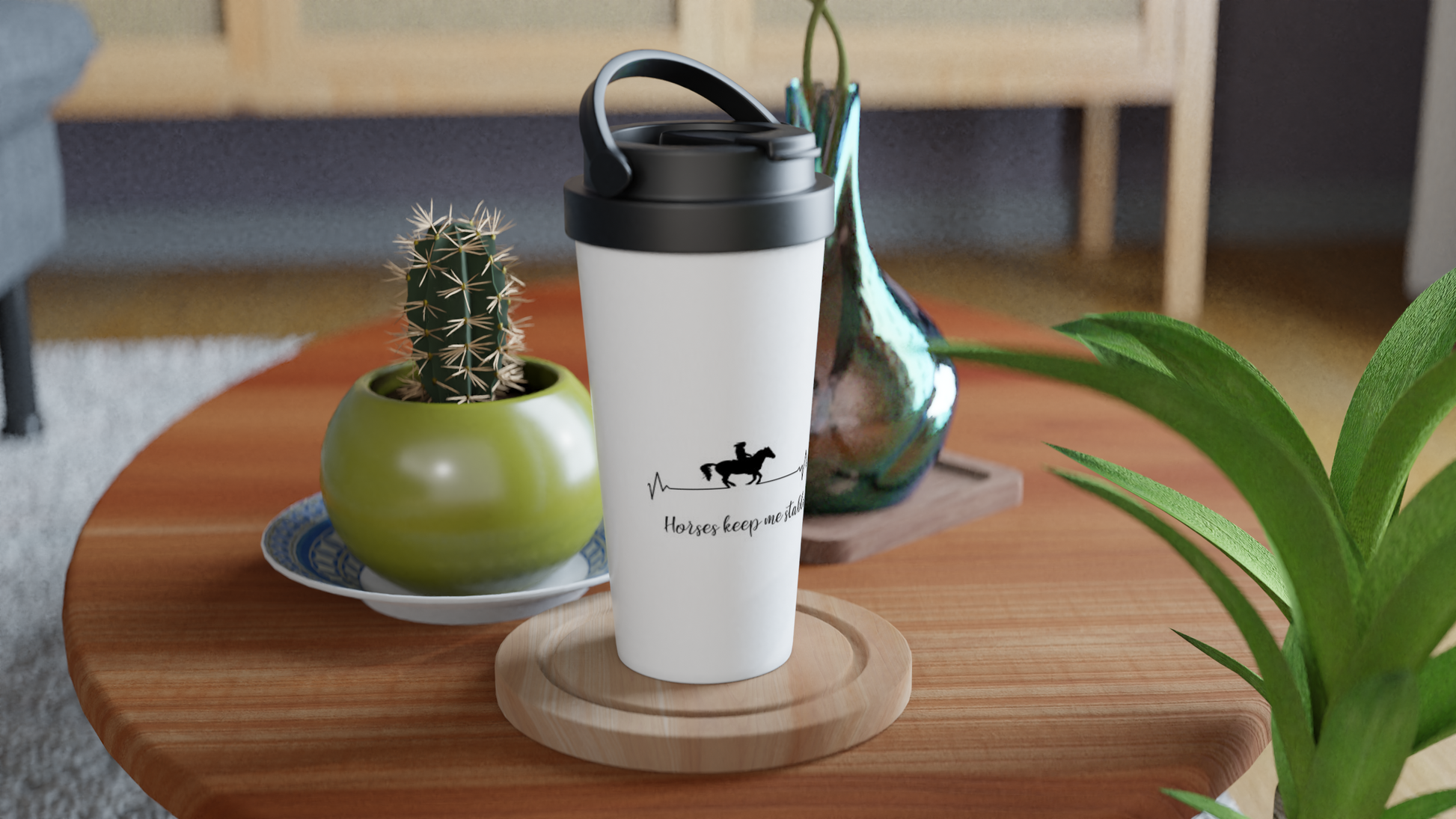 Hand Drawn Horse || 15oz Stainless Steel Travel Mug - Design: "Heartbeat"; Static Design; Personalizable Text