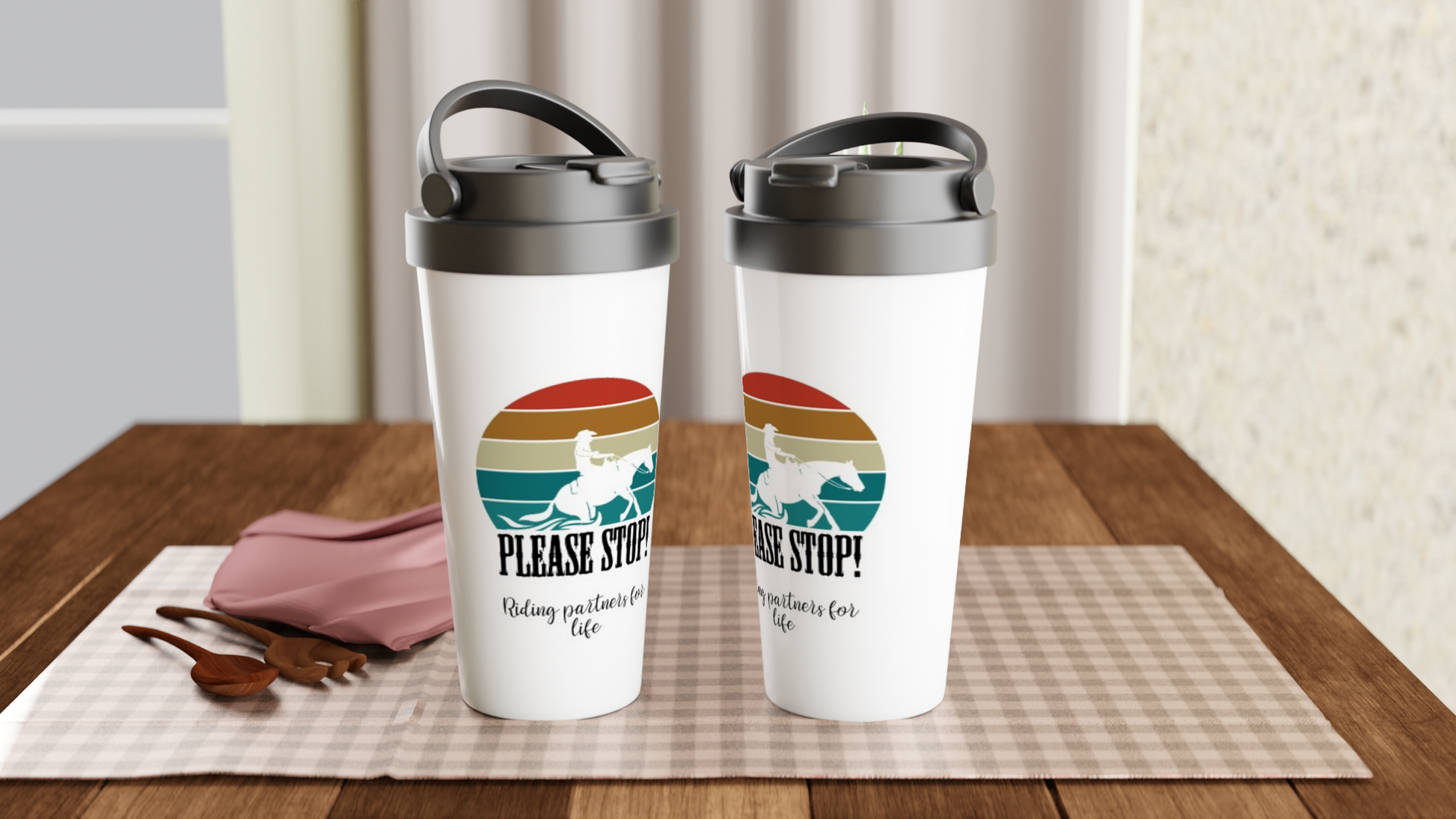 Hand Drawn Horse || 15oz Stainless Steel Travel Mug - Design: "Stop"; Static Design; Personalizable Text